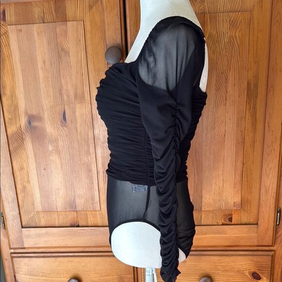 Hello Molly Elegant Black Ruched Mesh body suit.  Size Small.  Black. - Picture 2 of 5